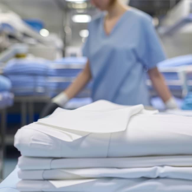 Person in scrubs stands near a stack of folded white linens, provided by Able, in an industrial laundry setting.