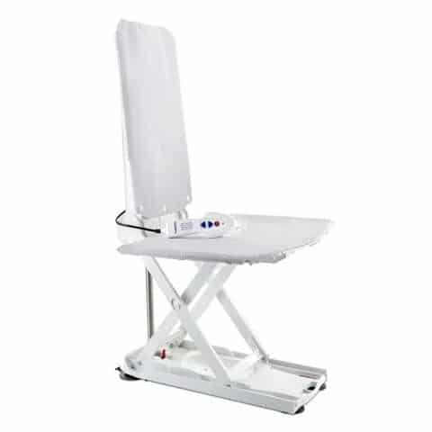 A White LOLER tested electric bath lift with a remote control, designed for ease of use in bathing.