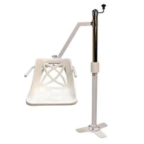 White LOLER tested pool lift chair with a metal arm and crank, designed for assisting individuals in entering and exiting a pool.