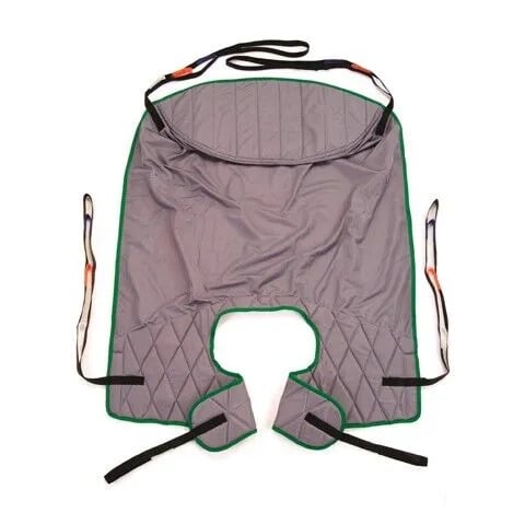 A gray LOLER tested mobility sling with green edges and multiple black straps, designed for transferring individuals safely.