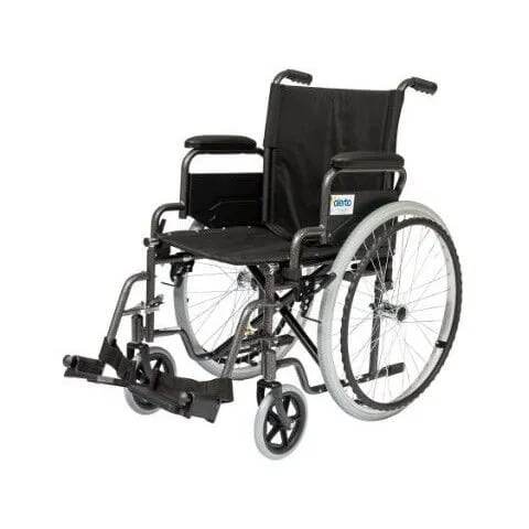 A standard black manual wheelchair with a metal frame, large rear wheels, small front casters, and footrests.