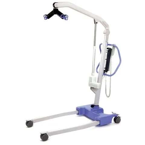 A LOLER tested portable patient lift with a white and blue frame, featuring four wheels for mobility and a motorized lifting arm.