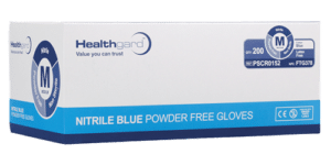 A blue and white box of nitrile gloves. An important part of the vinyl vs. nitrile gloves debate.