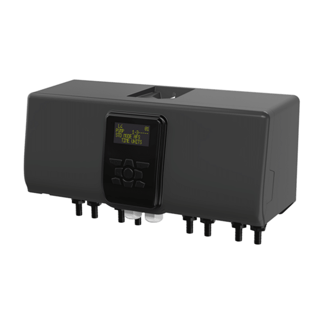 Black electronic device with a digital display and multiple connection ports, designed for industrial use in auto dosing.