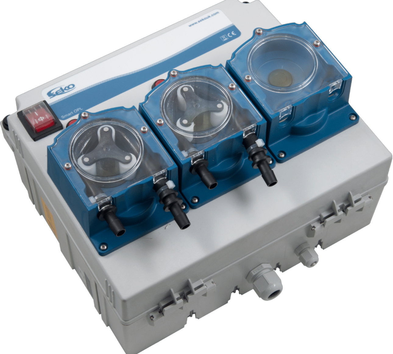 A three-chamber dosing pump system with clear lids and blue housings, featuring a red power switch on the upper left corner. These laundry auto Dosing systems help care homes stay compliant.