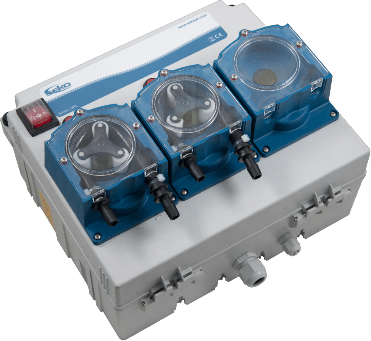A three-chamber dosing pump system with clear lids and blue housings, featuring a red power switch on the upper left corner. These laundry auto Dosing systems help care homes stay compliant.