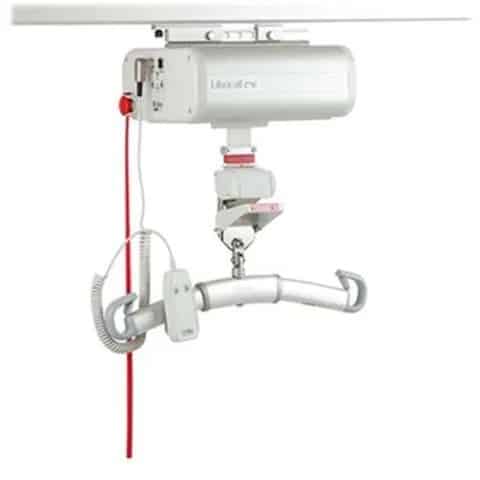 A LOLER Tested ceiling-mounted patient lift with a white motor unit, red emergency cord, and a gray lifting arm.