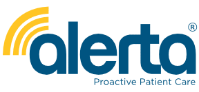 Logo of Alerta with the text "Proactive Patient Care" underneath. The design features a stylized yellow arc over the letter "a.