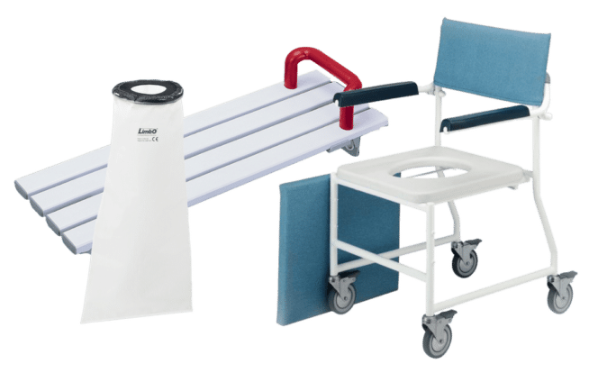 Part of Able's Equipment supply including a shower chair with wheels, a transfer board with a red handle, and a waterproof leg cover.