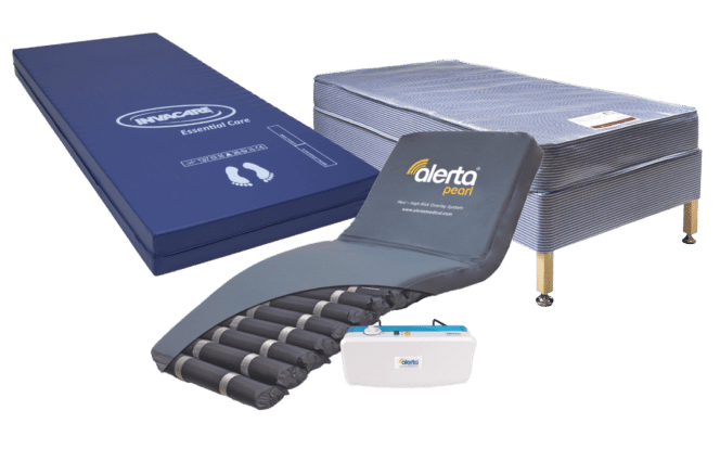 Part of Able's Equipment supply including an image of three mattresses: a blue Invacare Essential Care, a grey Alerta alternating pressure mattress with pump, and a standard spring mattress on a bed frame.
