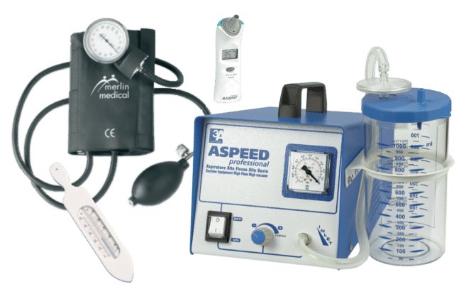 Part of Able's Equipment supply including a blood pressure monitor, a forehead thermometer, a thermometer strip, and an aspirator with a collection canister.