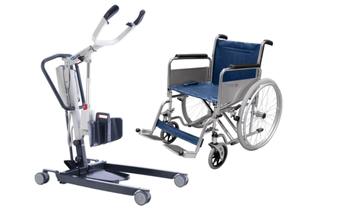 Part of Able's Equipment supply including an electric patient lift and a manual wheelchair with a blue seat are shown on a white background.