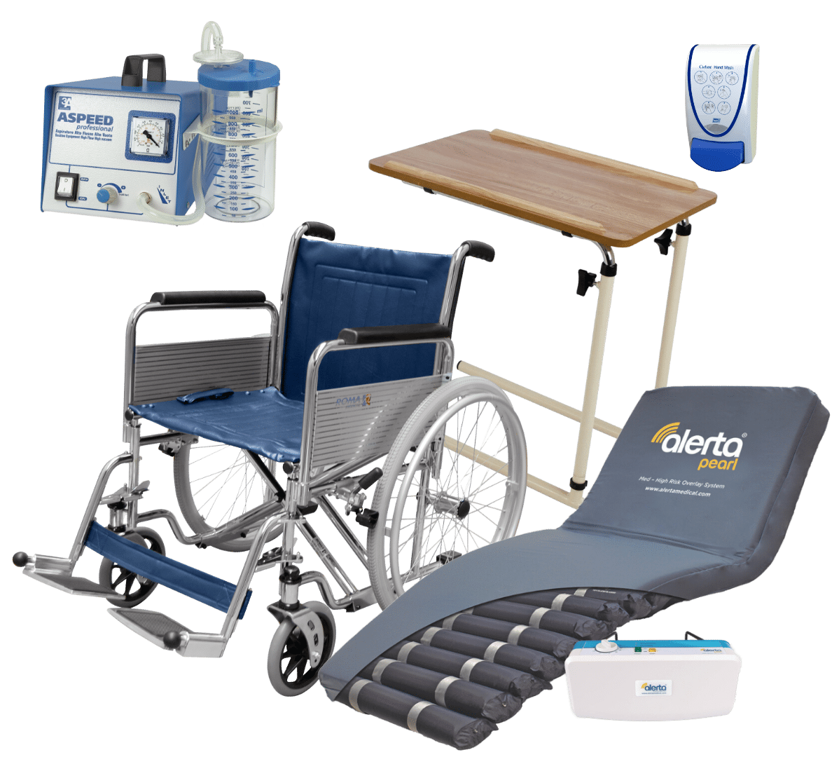 Able's range of equipment supply including a wheelchair, suction machine, overbed table, alternating pressure mattress, and a small monitor device.