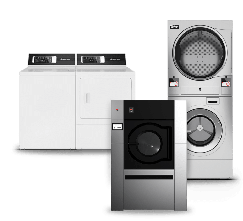 A collection of laundry equipment: a white top-loading washer and dryer set, a stacked washer-dryer unit, and a compact front-loading washing machine.