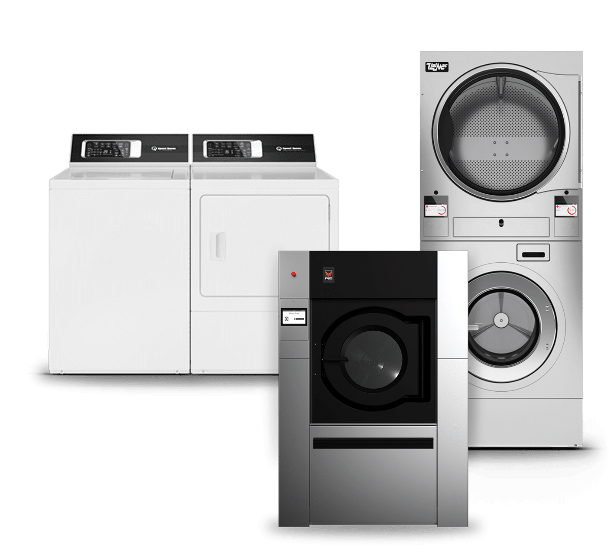 A collection of laundry equipment: a white top-loading washer and dryer set, a stacked washer-dryer unit, and a compact front-loading washing machine.