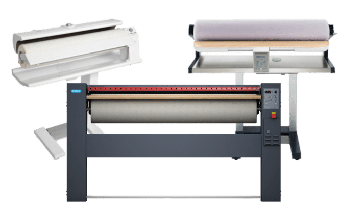 Laundry equipment image with three types of industrial ironing machines, each with different designs and sizes, arranged side by side.