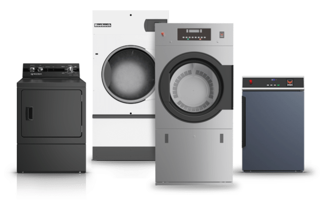 A collection of laundry equipment of varying designs and colors, lined up against a plain background.