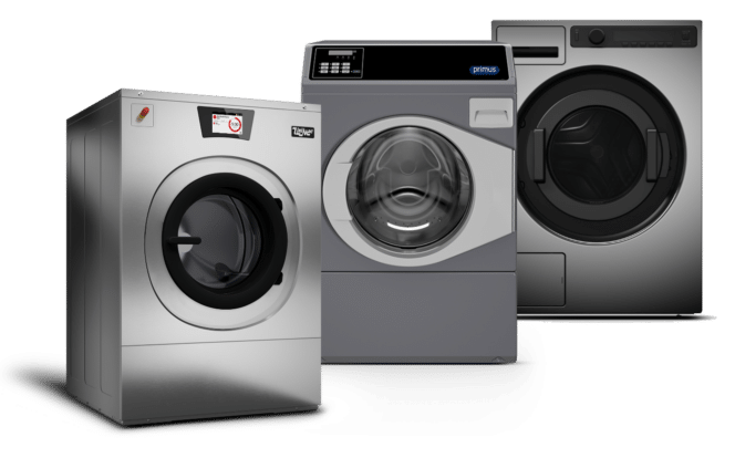 Three industrial laundry equipment machines in silver and grey, displayed in a row against a plain background.
