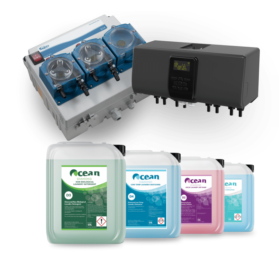 Three laundry equipment and chemical dispensing units and four containers of cleaning solutions with labels for Ocean brand. These laundry auto Dosing systems help care homes stay compliant.