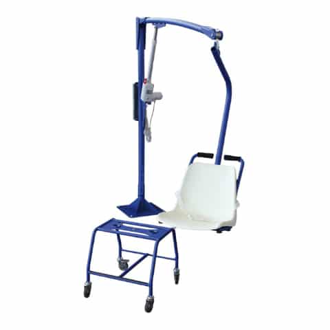 Blue and white LOLER tested patient lift system with a seat, wheeled base, and vertical support arm.