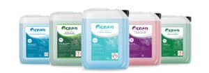 Five large detergent containers with labels: D4, D3, D7, P6, and P5. The containers vary in color: blue, green, purple, and clear and are part of the Ocean branded range.