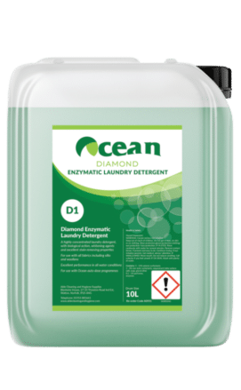 Container of Ocean Diamond Enzymatic Laundry Detergent, D1 created by able ,as part of our healthcare supplies offering, with a safety warning symbol on the label. Capacity: 10 liters.