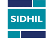 Logo with the word "SIDHIL" in white, centered on a teal square. The square is bordered by smaller rectangles in teal and navy blue.