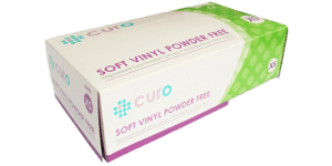 A box of curo gloves with green and purple colouring. An important part of the vinyl vs. nitrile gloves debate!