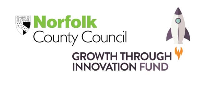 Norfolk County Council Logo paired with the Growth Through Innovation Fund logo on a white background. Growth secured to help build eco-friendly laundry products