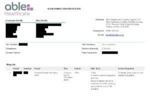 Sling inspection certificate from Able Healthcare with customer and site details. Lists sling serial number, model, inspections, and actions required like footplate adjustment and clip replacement.