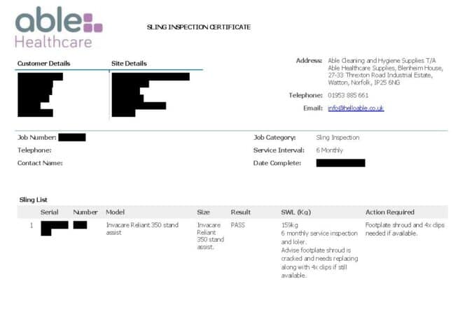 Sling inspection certificate from Able Healthcare with customer and site details. Lists sling serial number, model, inspections, and actions required like footplate adjustment and clip replacement.