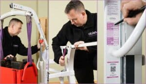 A person inspects and services a patient lift, documenting details on a label sticker. This will soon be cleared to raise slings again.