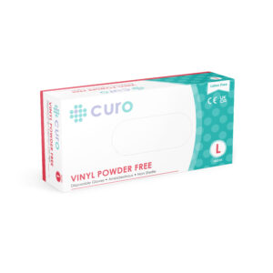 Curo brand non-sterile vinyl powder free gloves. Large size.