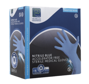 A box of sterile blue medium Nitrile gloves against a white background.
