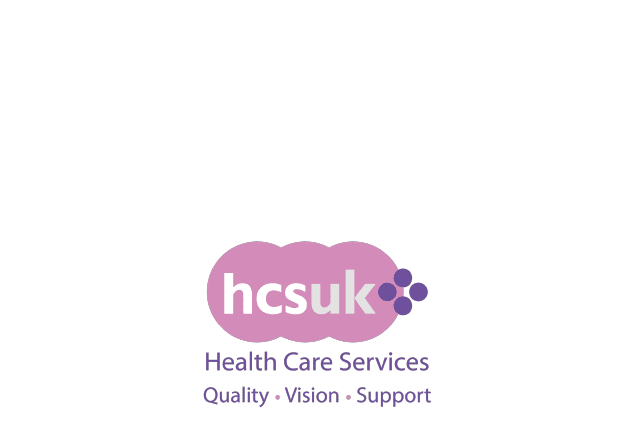 Logo with a pink cloud shape, "hcsuk" in white text, and three purple dots. Below, it reads "Health Care Services" and "Quality • Vision • Support" in smaller text.