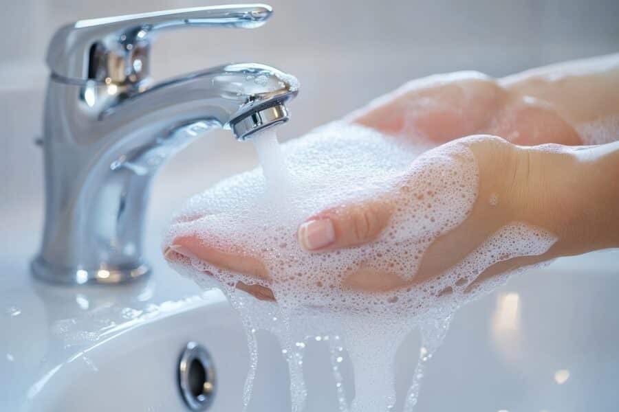 Close-up of hands washing with soap and water for care home hygiene