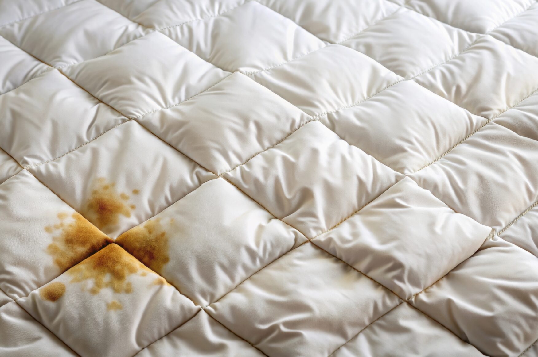 White quilted duvet that needs washing with visible yellowish-brown stains on the surface.