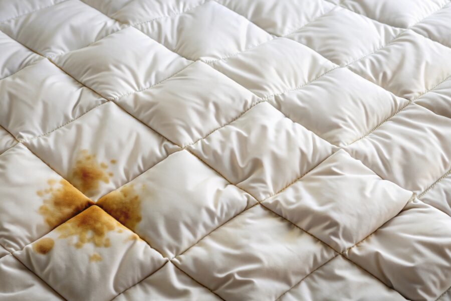 White quilted duvet that needs washing with visible yellowish-brown stains on the surface.