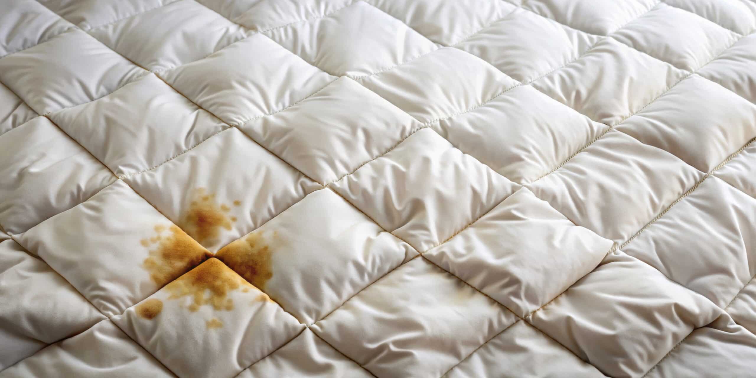 White quilted duvet that needs washing with visible yellowish-brown stains on the surface.