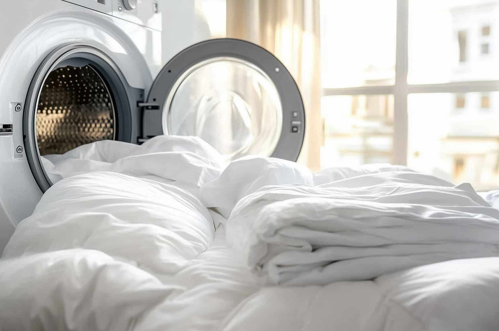 Machine washable bedding in care home setting with white duvet spilling from washing machine beside bed, yellow curtains in background