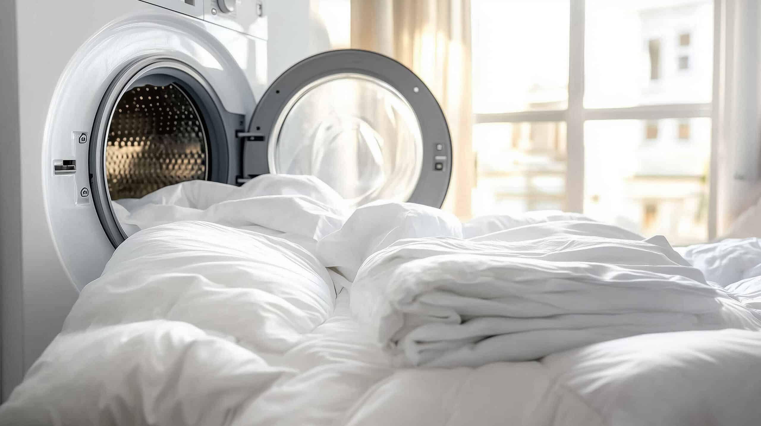 Machine washable bedding in care home setting with white duvet spilling from washing machine beside bed, yellow curtains in background