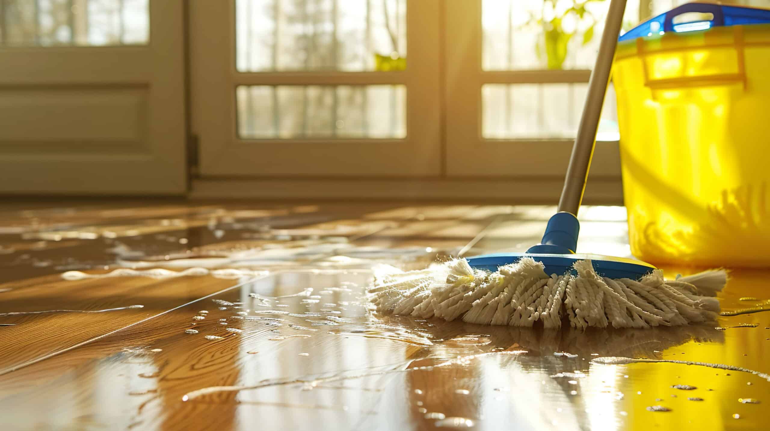 A bucket using All Purpose Cleaner for Mopping. Yellow bucket, wood floor and windows in the background.