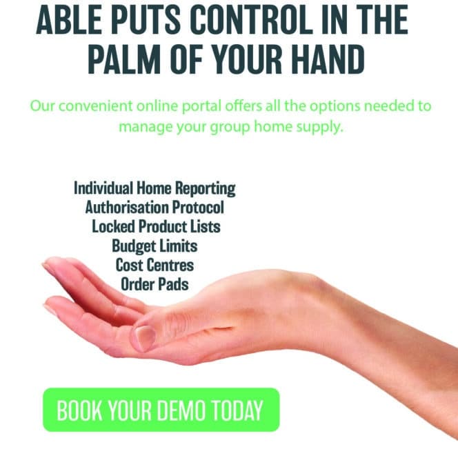 A hand is held out under text promoting an online portal for group home supply management, listing features and a green button labeled "BOOK YOUR DEMO TODAY.