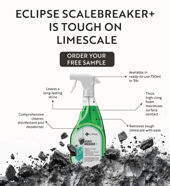 Spray bottle of Eclipse Scalebreaker+ cleaner surrounded by shattered limescale, with text highlighting its features and an offer for a free sample.