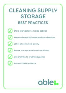 Infographic checklist of cleaning supply storage best practices for care homes, including COSHH compliance, ventilation, and organisation tips