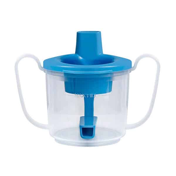 Clear plastic sippy cup with two handles and a blue lid featuring a spout—designed as one of the Dysphagia Cups for IDDSI Levels, making it ideal for safe, controlled drinking.