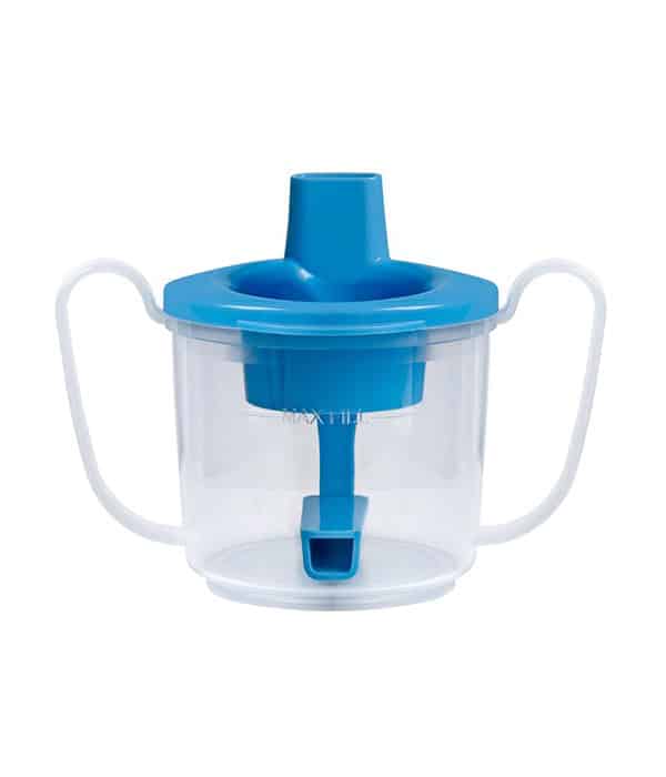 Clear plastic sippy cup with two handles and a blue lid featuring a spout—designed as one of the Dysphagia Cups for IDDSI Levels, making it ideal for safe, controlled drinking.