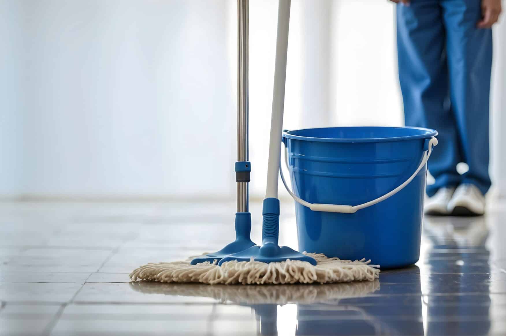 A mop and blue bucket are placed on a shiny tiled floor, suggesting adherence to a care home cleaning schedule, with a person in blue pants standing in the background.