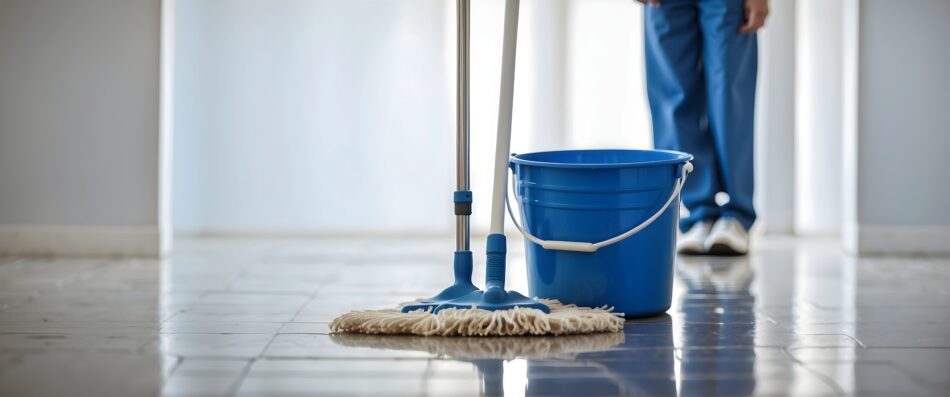 A mop and blue bucket are placed on a shiny tiled floor, suggesting adherence to a care home cleaning schedule, with a person in blue pants standing in the background.