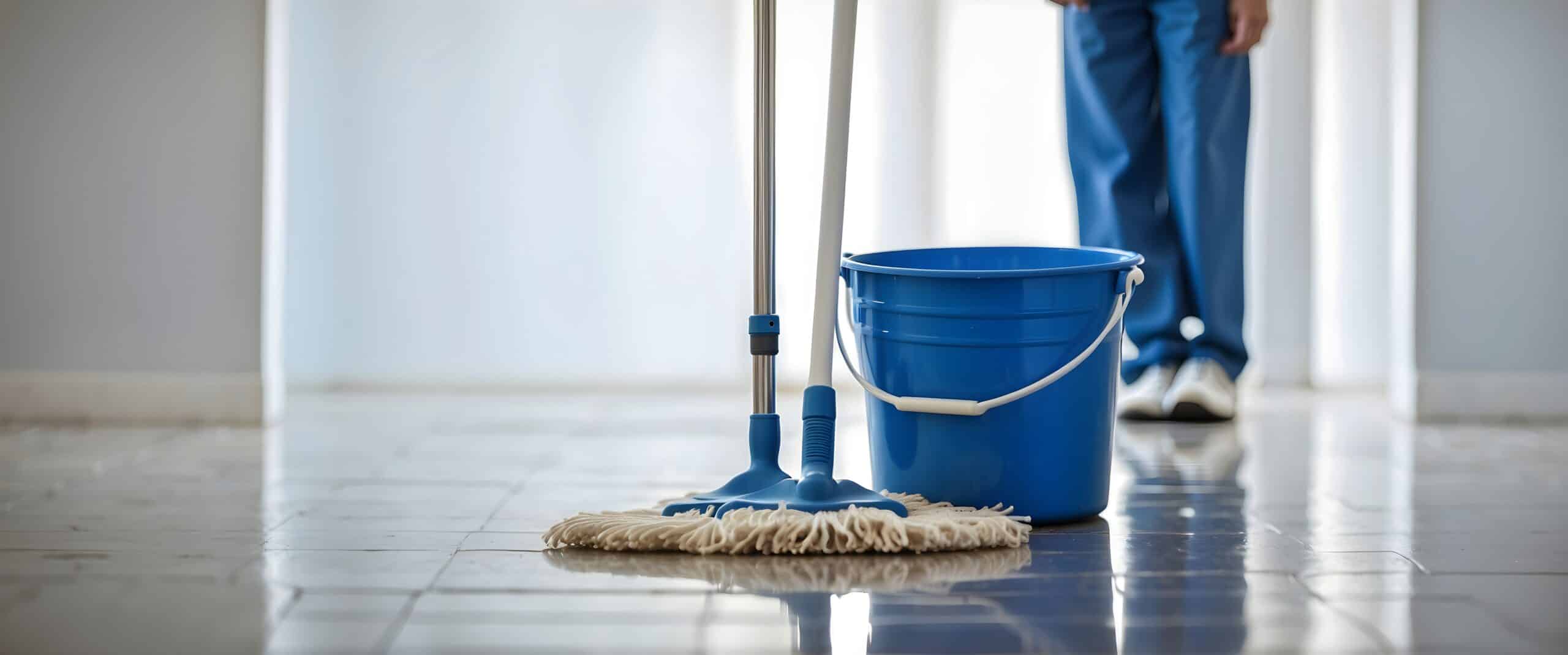A mop and blue bucket are placed on a shiny tiled floor, suggesting adherence to a care home cleaning schedule, with a person in blue pants standing in the background.